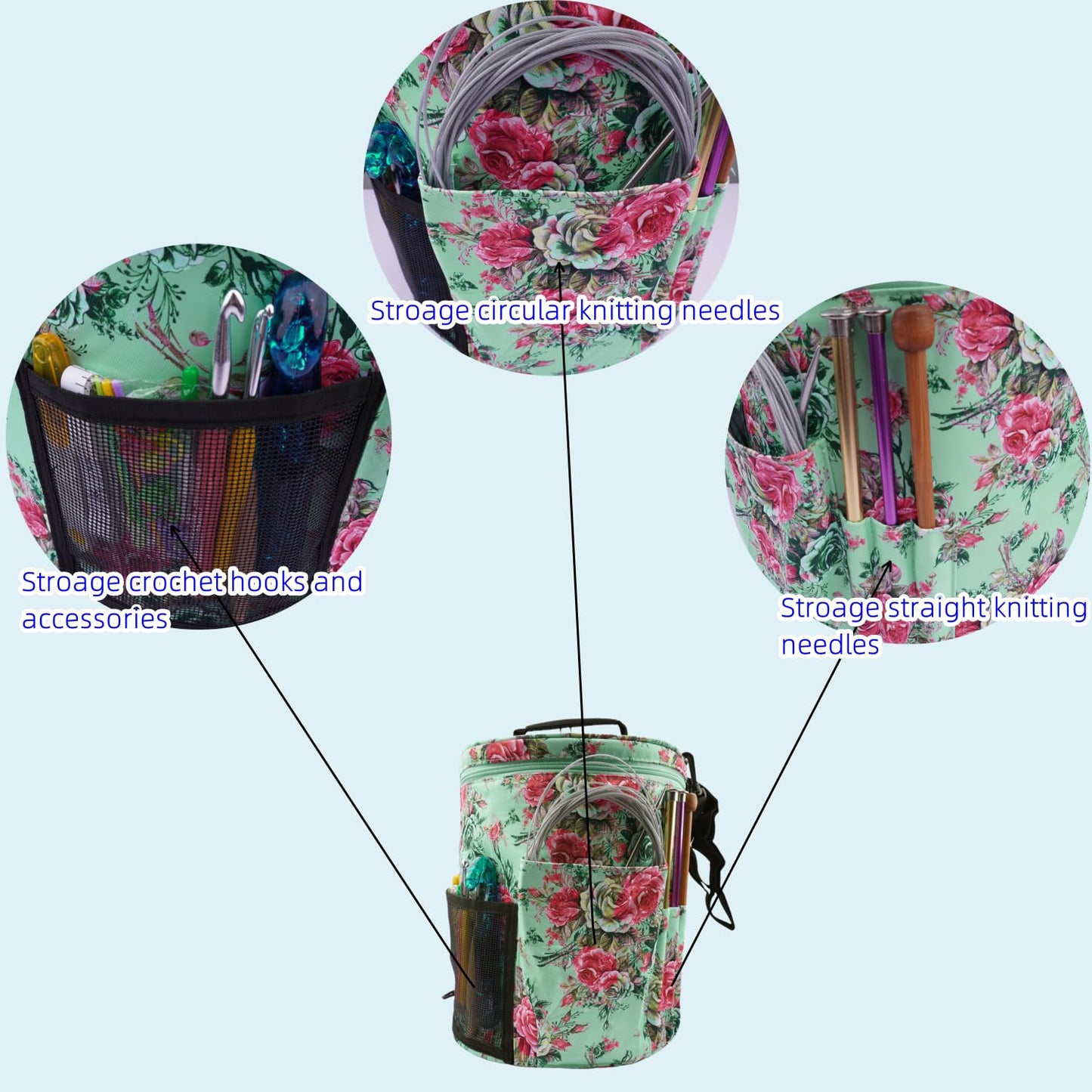 WAZAIGUR Green Flowers Pattern Large Capacity Multifunctional Crocheting Knitting Project Bag Strong Yarn Storage Organizer Bag Tote Travel Crochet Needles Bag