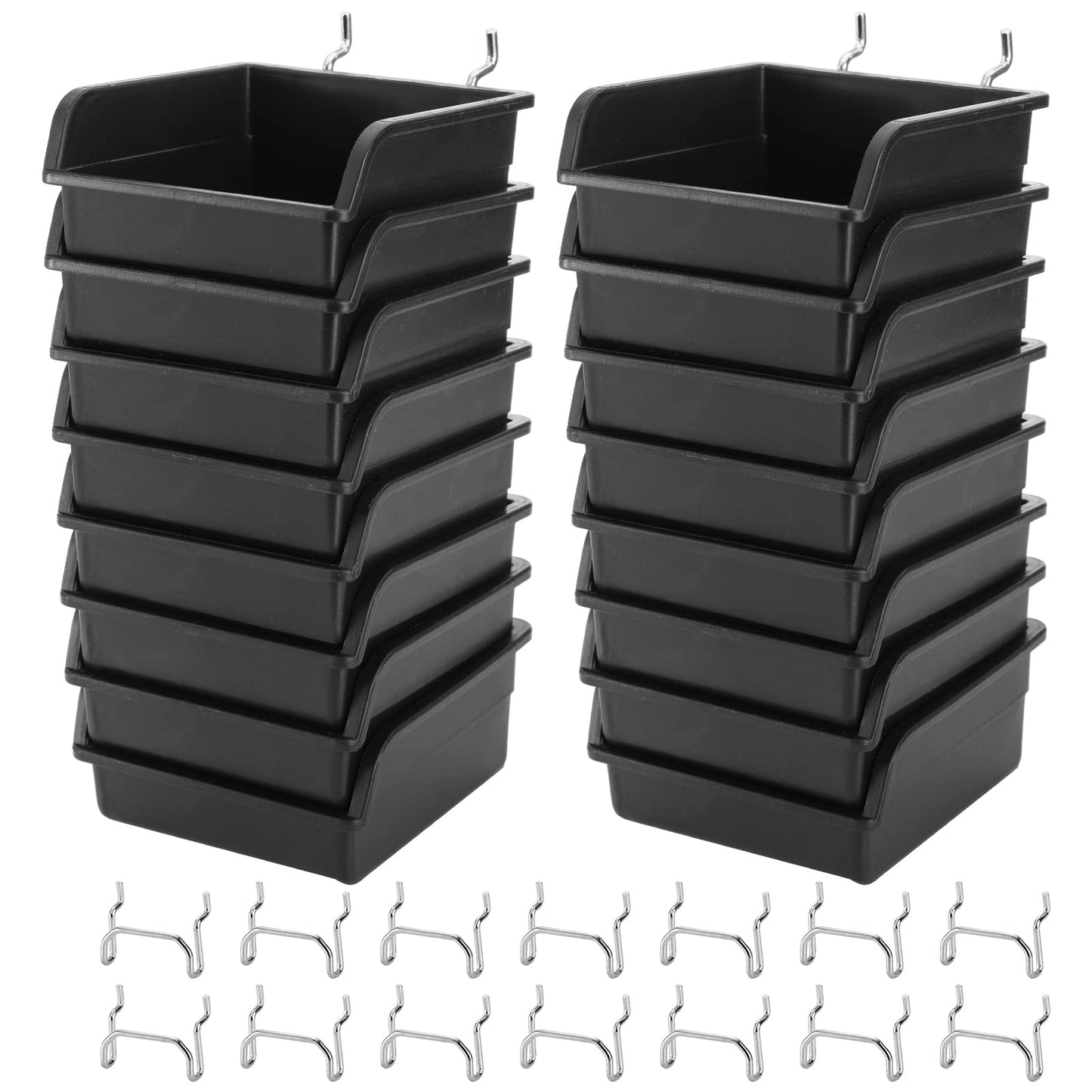 Foraineam 16 Pack Pegboard Bins with Metal Hooks, Black Garage Workbench Bins Cups Peg Board Accessories Kit, Pegboard Tools Organizer for Hardware, Workshop, Craft Room, Tool Shed, Hobby Supplies