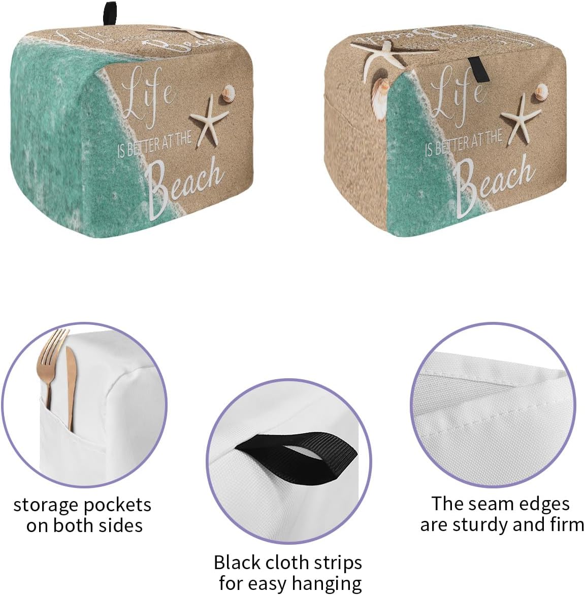Toaster Cover, Life is Better at The Beach 2 Slice, Ocean Nautical Coastal Starfish with Loop, Polyester Dust Cover