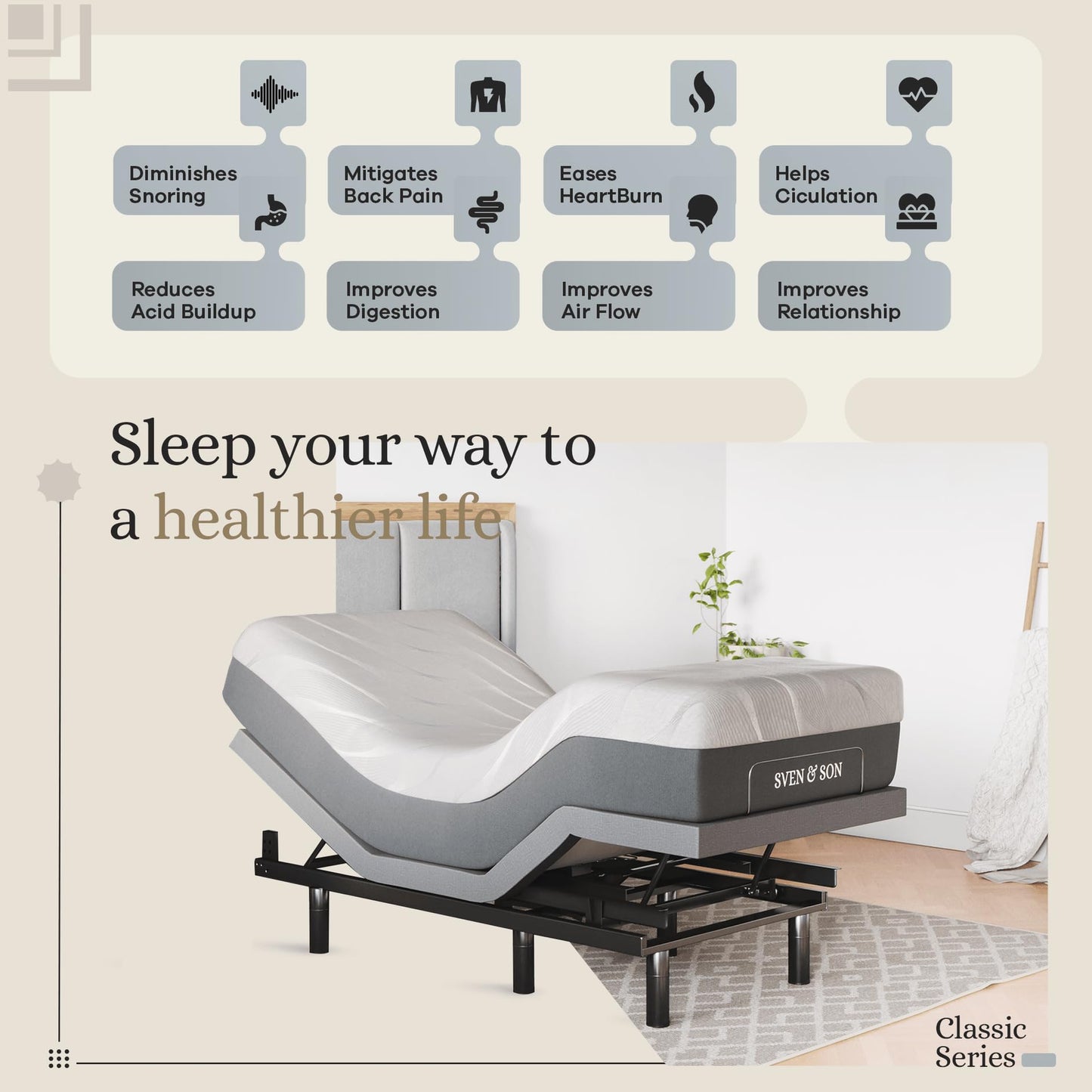 Sven & Son Classic Adjustable Bed Base, Head and Foot Lift, Massage, Under-Bed Lights, USB, Gel Memory, Zero Gravity Smart Frame - Twin XL + 12 inch Memory Foam Matt (Medium)