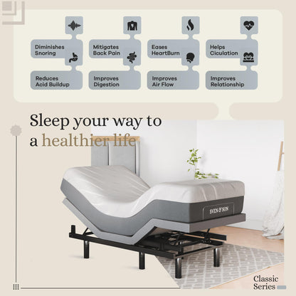 Sven & Son Classic Adjustable Bed Base, Head and Foot Lift, Massage, Under-Bed Lights, USB, Gel Memory, Zero Gravity Smart Frame - Twin XL + 12 inch Memory Foam Matt (Medium)