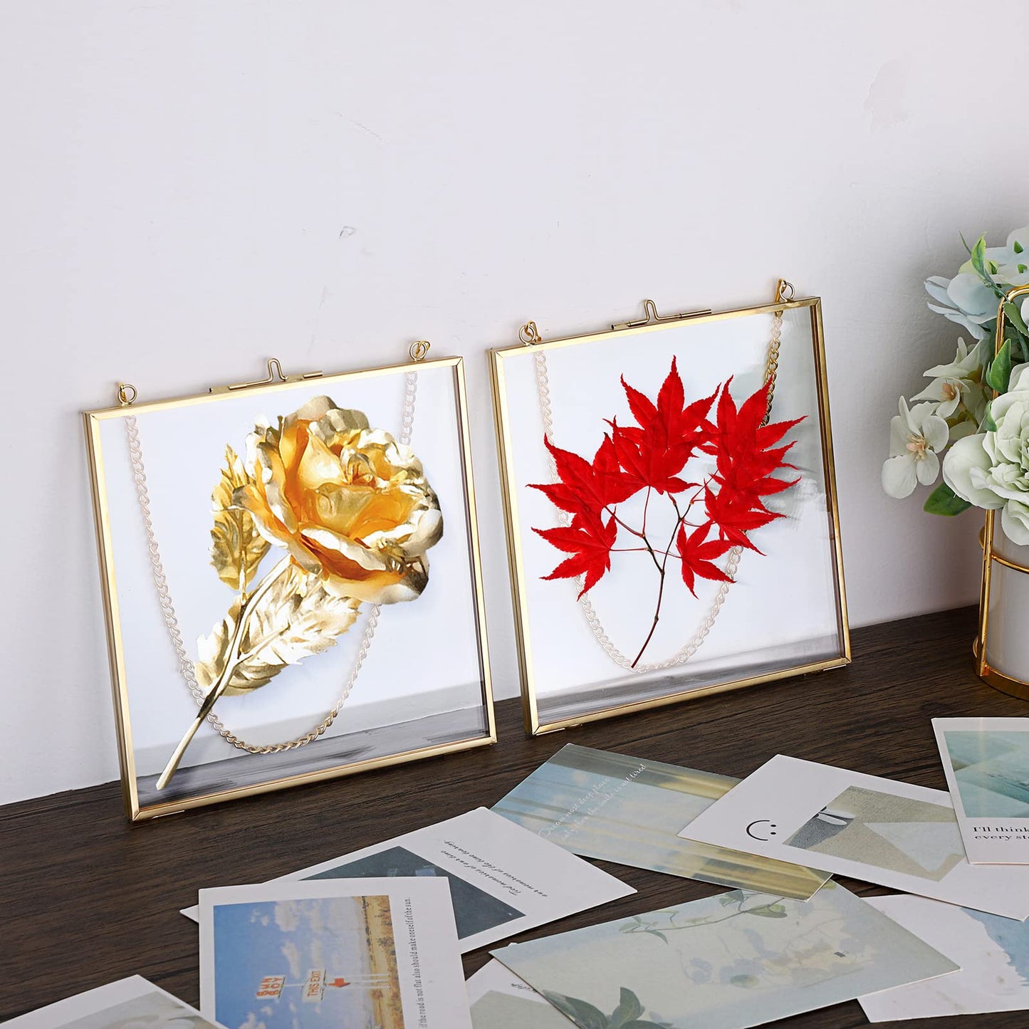 JUXYES 2 Pack Wall Hanging Brass Frame for Pressed Flowers, Glass Floating Frames for Display Dried Flowers Artwork, Double Glass Floating Style Square Gallery Wall Frame for Plants Photo Picture Poster etc