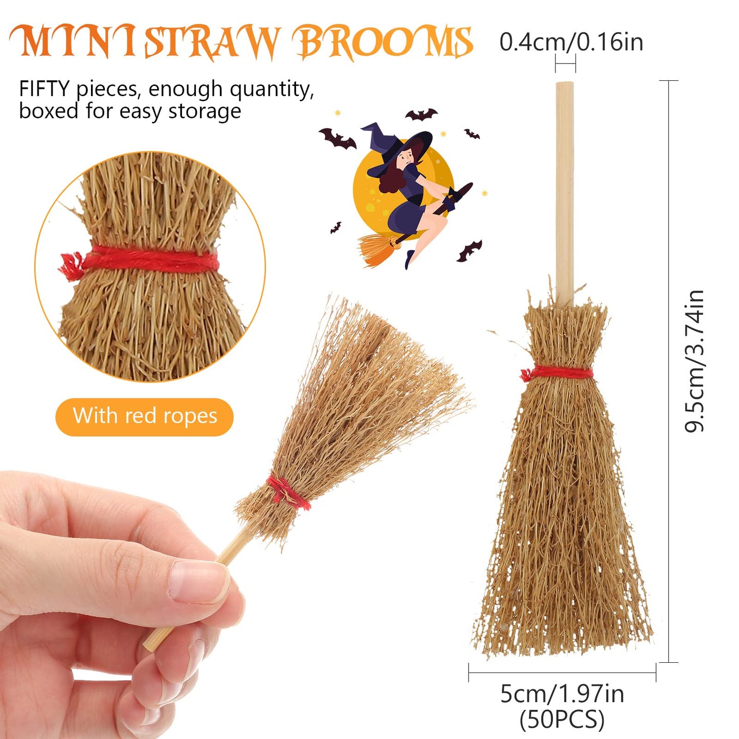 Cindeer 50 Pcs Miniature Halloween Mini Straw Brooms Artificial Halloween Straw Craft Decoration Small Dollhouse Witch Broomstick with Red Ropes Wizard Witches Accessory for Costume Cosplay Party