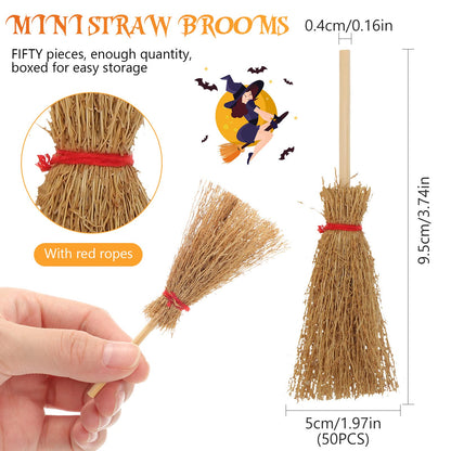 Cindeer 50 Pcs Miniature Halloween Mini Straw Brooms Artificial Halloween Straw Craft Decoration Small Dollhouse Witch Broomstick with Red Ropes Wizard Witches Accessory for Costume Cosplay Party