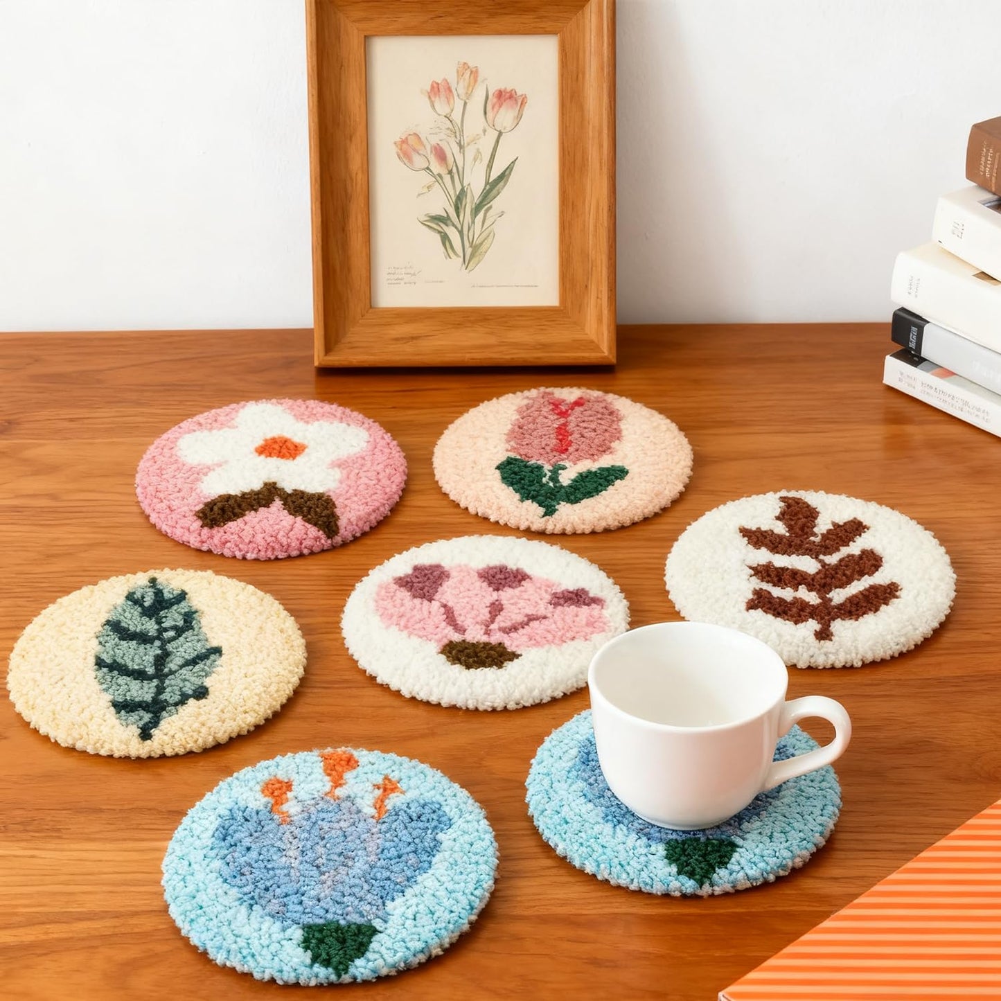 6 Pcs Punch Needle Coaster Kit for Adults Beginner, Plant Floral Punch Needle Embroidery Kit with Yarns, Hoop, Threader, Felt Cloths, Instruction, Coaster Making Supplies for Home Decor, Gift Making