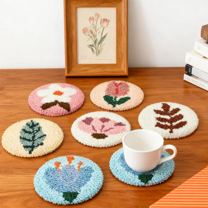 6 Pcs Punch Needle Coaster Kit for Adults Beginner, Plant Floral Punch Needle Embroidery Kit with Yarns, Hoop, Threader, Felt Cloths, Instruction, Coaster Making Supplies for Home Decor, Gift Making