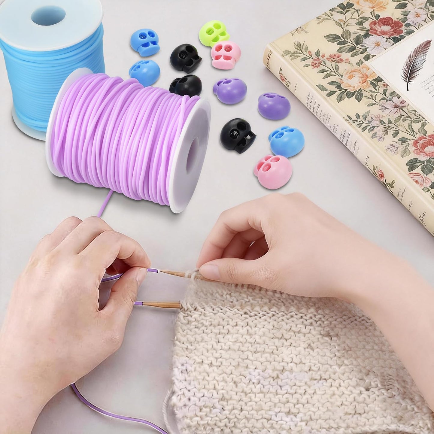 6pcs Plastic Stitch Holders for Knitting Needle Stoppers, 54.68 Yards 2mm Hollow Barber Cords for Knitting Stitch Holders Needle Point Protectors Crochet Accessories and Gadgets, Pony Bead Lacing Cord