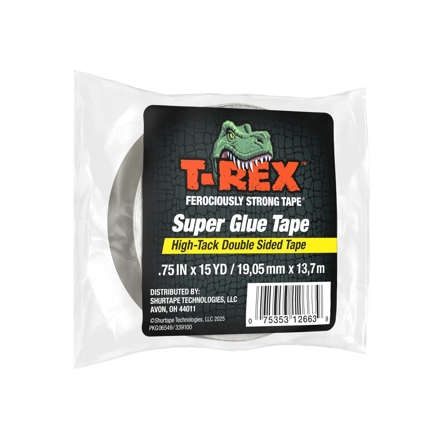 T-Rex Double Sided Super Glue Tape, 0.75" x 15 Yards, Clear, 1 Pack (287704)