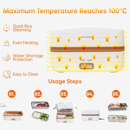 Brown Electric Lunch Box Food Heater, 270W 304 Stainless Steel, 1000mL Capacity for Adults/Work