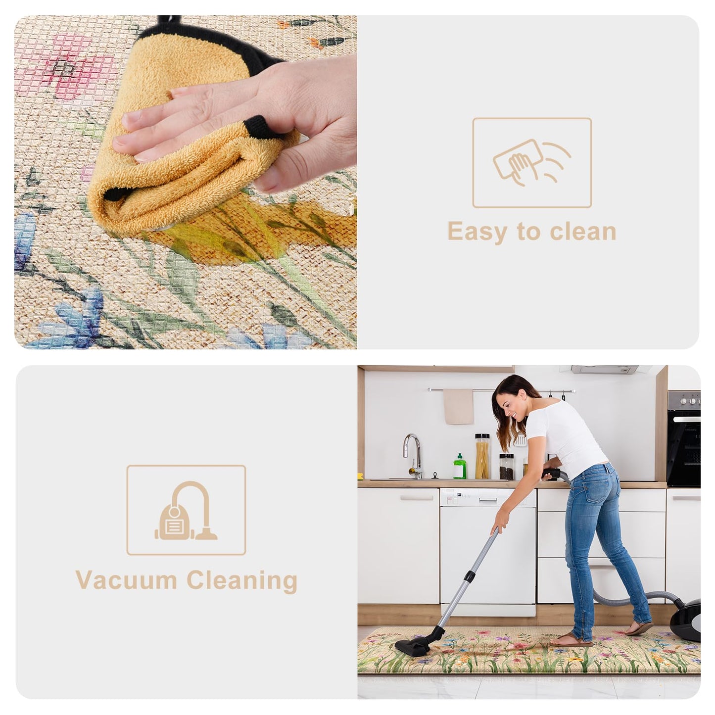 KIMODE Anti Fatigue Kitchen Mat, 17"x47"+17"x29" Floral Kitchen Rugs Sets of 2, Farmhouse Kitchen Floor Mats Non-Slip Cushioned, Comfort Standing Desk Mat for Sink, Laundry,Home Brown