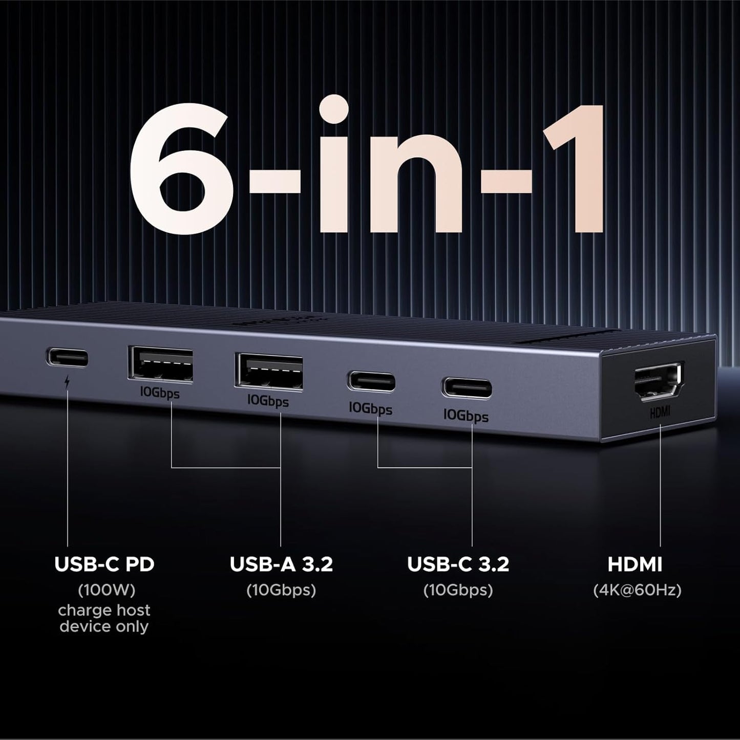 UGREEN Revodok Pro USB-C Hub 6 in 1 10Gbps 4K 60Hz HDMI, 100W Power Delivery for MacBook Pro/Air, iPad Pro, Thinkpad Rog Ally and More.