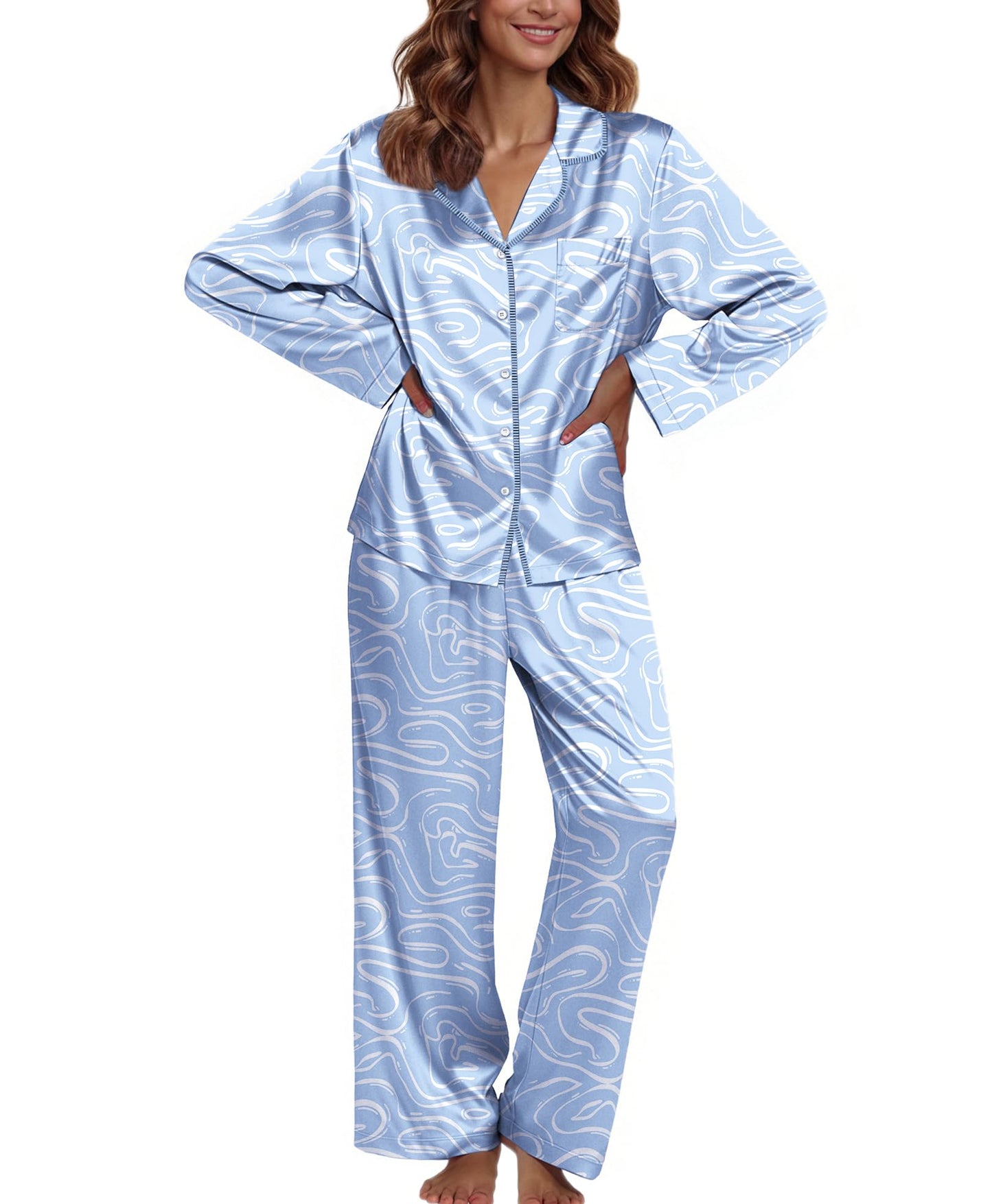 Ekouaer Pajamas For Women Set Silk Pjs 2 Piece Satin Sleepwear Long Sleeve Button Down Lounge Sets With Pant
