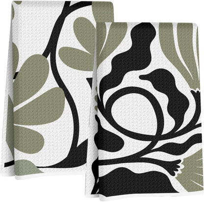 Jztco 2Pcs 24x14 Inch, Abstract Floral Kitchen Towels Boho Style Sage Green Flower Hand Towels for Kitchen Home Decor