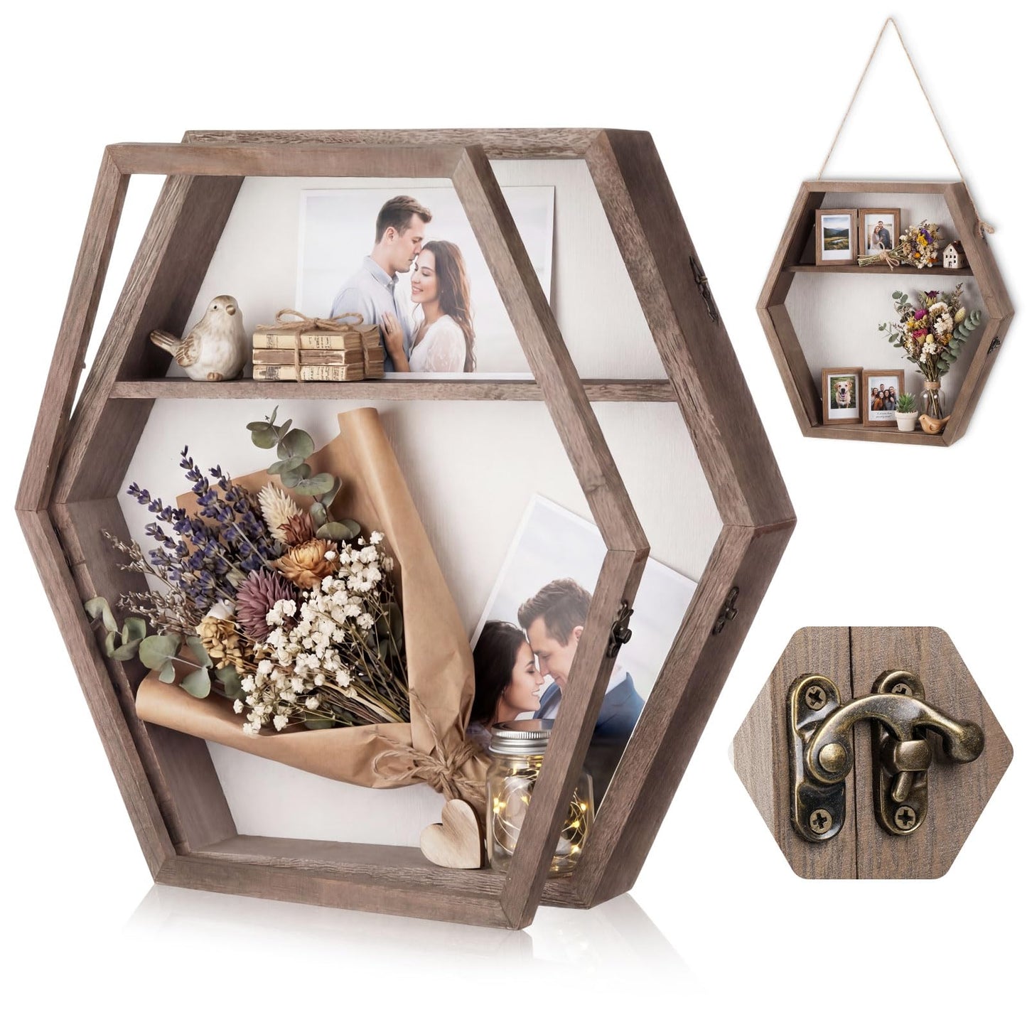 Bucherry 16 Inch Huge Wooden Shadow Box Frame with Acrylic Panel, Shelves, Hangable Brown Deep Shadow Boxes Memory Display Cases with Lanyard and Metal Hook for Wedding Keepsakes, Photos (Hexagonal)