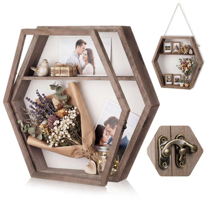 Bucherry 16 Inch Huge Wooden Shadow Box Frame with Acrylic Panel, Shelves, Hangable Brown Deep Shadow Boxes Memory Display Cases with Lanyard and Metal Hook for Wedding Keepsakes, Photos (Hexagonal)