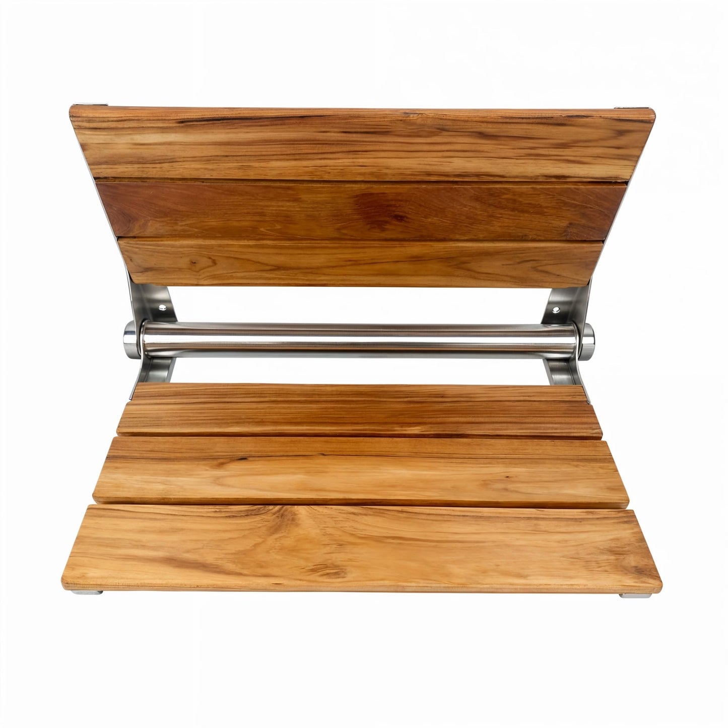 Teak Shower Seat Bench with Back - Wall Mounted Fold Up Shower Seat, Waterproof Folding Teak Bath Chair for Seniors, 304 Stainless Steel Frame, with 300 lbs Capacity - 18" Length, Polished