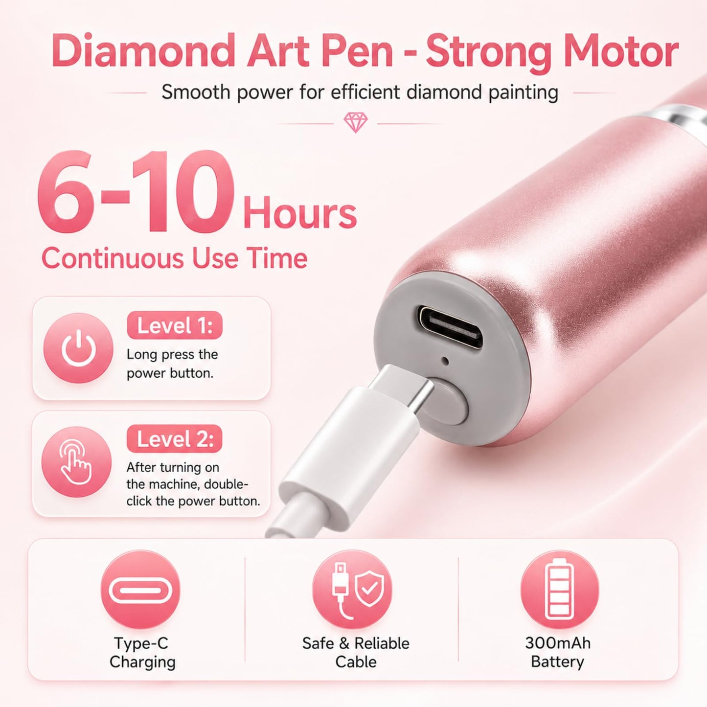 Wireless Electric Diamond Art Pen, Vacuum Diamond Painting Pen No Wax Needed, 150° Ergonomic Tip, Quiet Lightweight & Rechargeable Diamond Art Accessories for Adults (Pink)