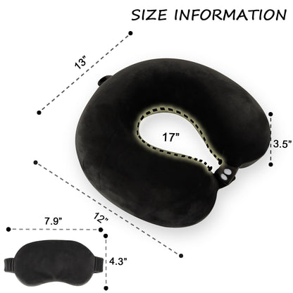 Sexysamba Pure Memory Foam Travel Pillow Set for Adults - Comfortable & Removable Machine Washable Cover, Neck Support Pillow Airplane Travel Kit with Eye Mask for Portable Plane Accessories - Black