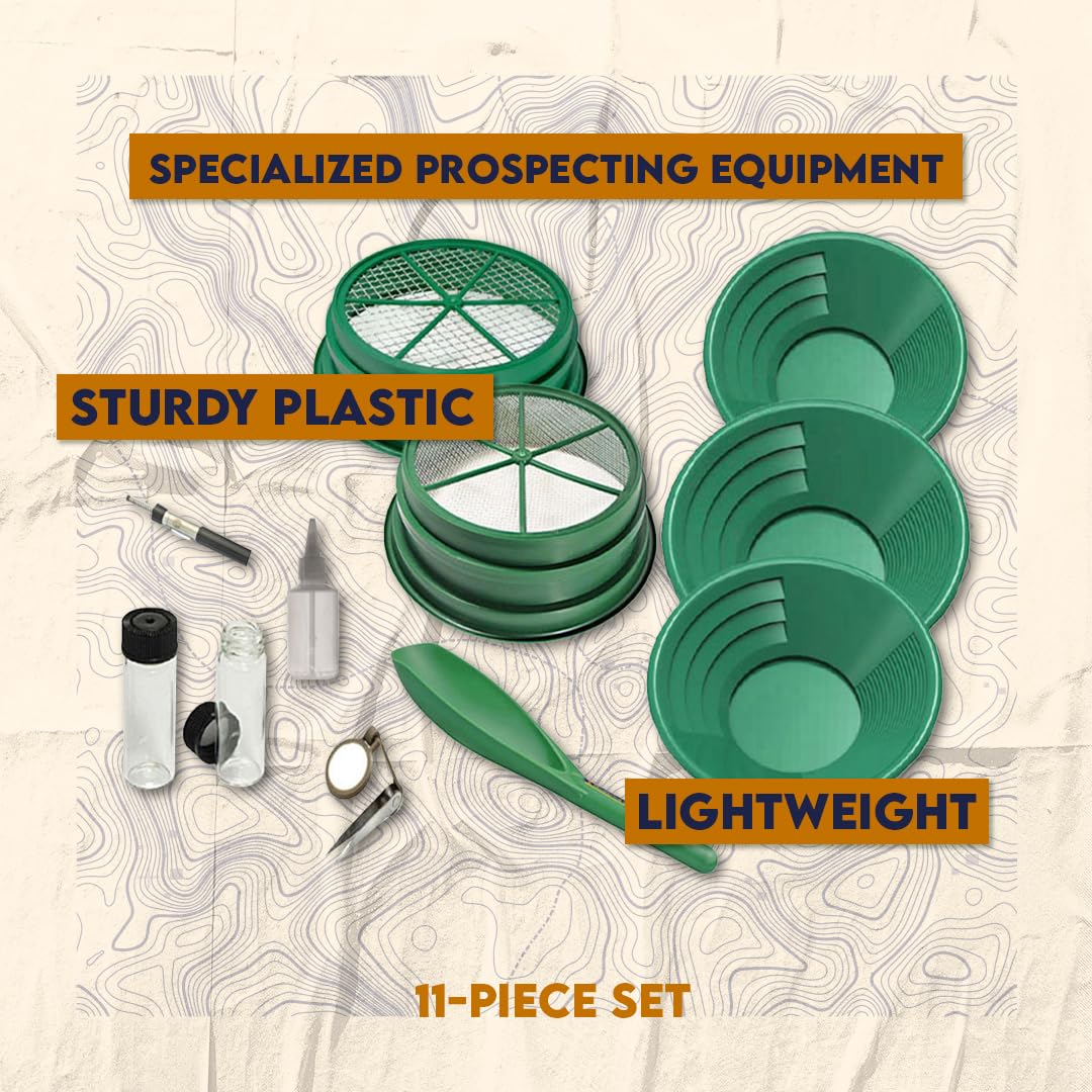 SE 11-Piece Gold Panning Kit - Complete Prospecting Set with Pans, Sieves, Tweezers, Glass Bottles, Sand Magnet, and More - Ideal for Beginners and Enthusiasts - GP5-KIT111
