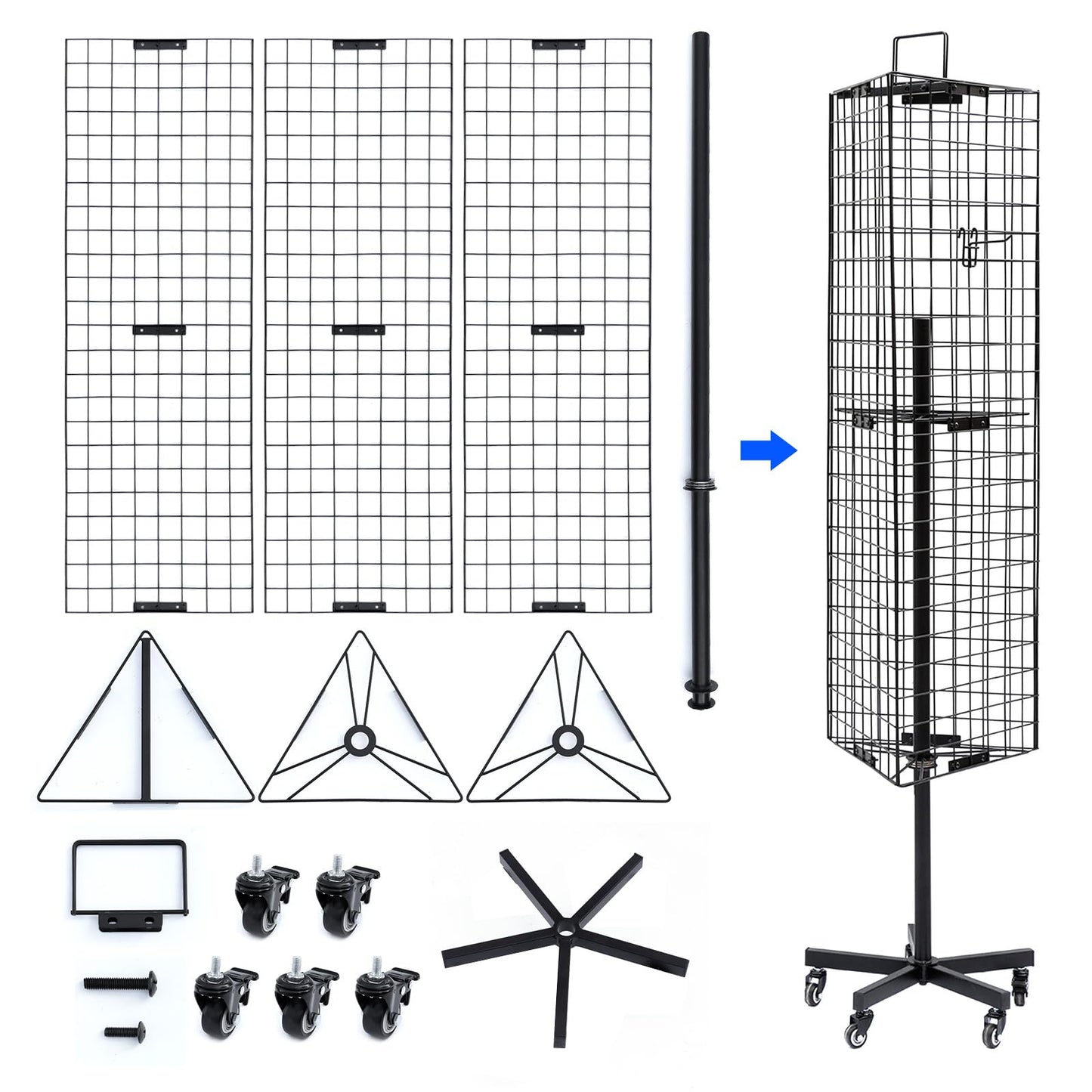 NectaCol Triangular Gridwall Panel Display Stand with Base and Pole, Black Grid Wall Panels with Wheels, Craft Gridwall Display Rack, Art Display Stand, Show Rack, Extra 12pcs Hooks