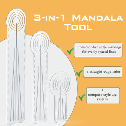 DAFENCHI 3-in-1 Mandala Ruler Tool with Holes, Mandala Dot Art Circle Maker, Compass Protractor Straight Ruler for Dot Art Geometric Mandala Pattern Design, Medium Size (30cm/12)