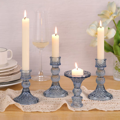 DARJEN Blue Glass Candlestick Holders Set of 6, 4" H & 5" H Taper Candle Holders for Candlesticks & Pillar Candles, Diamond Candle Holders for Wedding Party Table Centerpiece, Home Decor