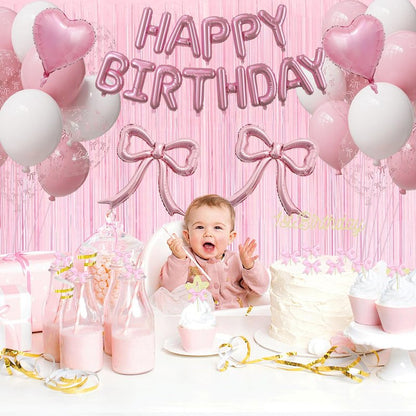 Pink Bow Birthday Party Decorations Kit with Bows Happy Birthday Balloon Banner, Pastel Pink Fringe Backdrop, Heart Balloons and Cake Toppers – Coquette Decor for Girls & Women