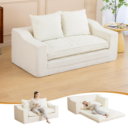 61" Convertible Sofa Bed Loveseat, Memory Foam Boneless Floor Couch with Removable Corduroy Cover, Tri-folding Compact Full-size Sleeper for Small Living Room, Playroom, Guest Room, RV (White)