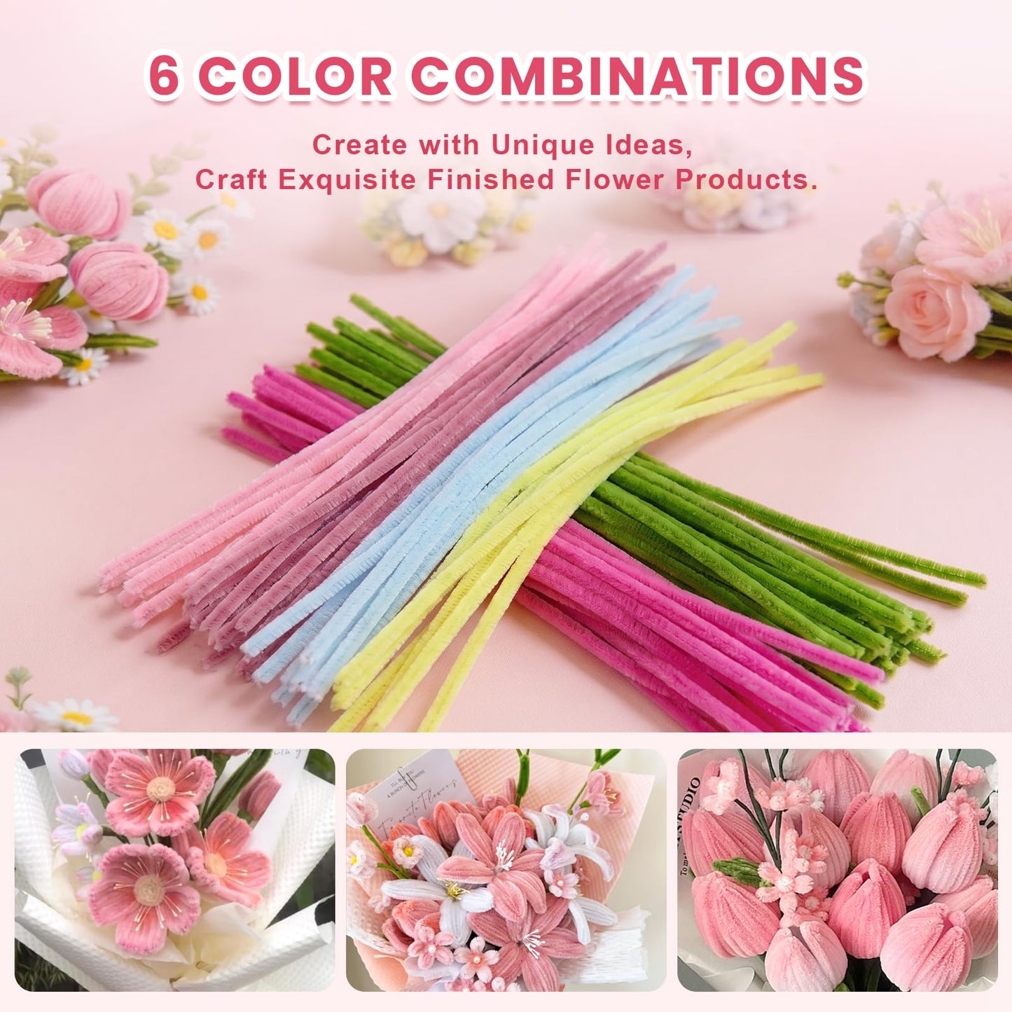 600 PCS Pipe Cleaners Craft, 6 Colors Pipe Cleaner Bulk Flower Kit, Chenille Stems Bulk with Floral Wires, Gardening Tape, Stamen, Wrapping Paper & Ribbon, DIY Art and Craft Supplies - Pink Gradient