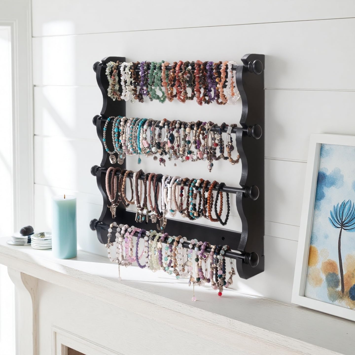 4-Tier Wooden Bracelet Holder Wall-Mounted – Black Jewelry Display Stand for Bracelets, Bangles, Watches– Rustic Wall Jewelry Organizer for Home, Store, or Craft Show – Bracelet Display Rack