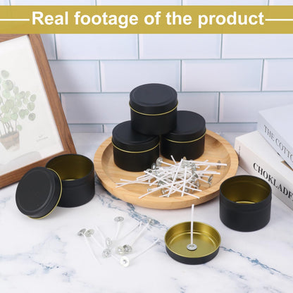 Biugaaufai 48 Pack 4 oz Black Metal Candle Tins with Lids and Wicks, Round Bulk Metal Candle Making Jar, Round 4 oz Candle Tins for DIY Candle Making and Storage