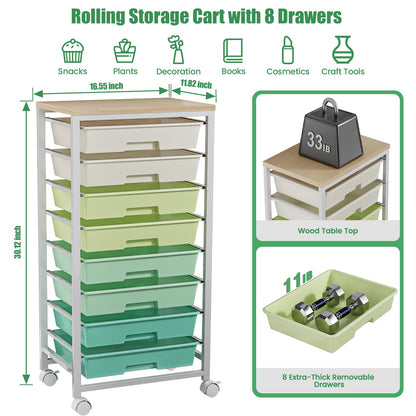 Rolling Storage Cart with 8 Drawers & Wooden Tabletop, Utility Cart On Wheels for Craft Storage, Home, School, Bedroom, Living Room, Dorm, Office, Classroom Storage Organizer Cart, Green, White