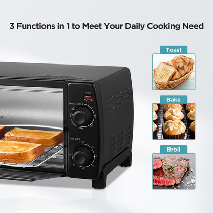 Dominion 4 Slice Toaster Oven Countertop, Retro Compact Design, Multi-Function, 1000 Watts, 30-Minute Timer, Black