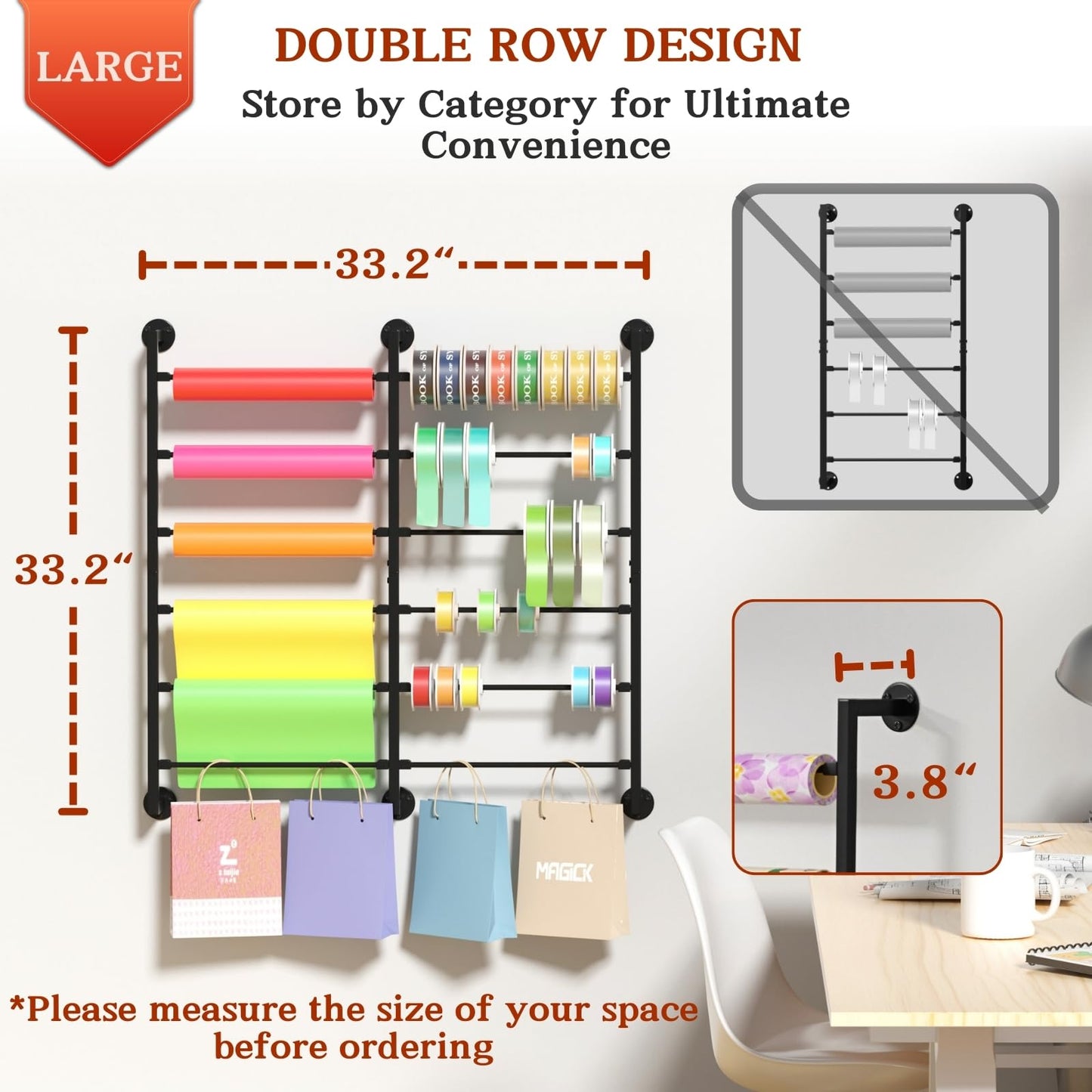 Double 6-Tier Ribbon Storage Organizer, Large Capacity Wall Mount Ribbon Organizer with 12 Removable Rods, Gift Bag Yarn Storage Holder for Craft Room, Flower Shop, DIY Supplies,Wrapping Paper - Metal