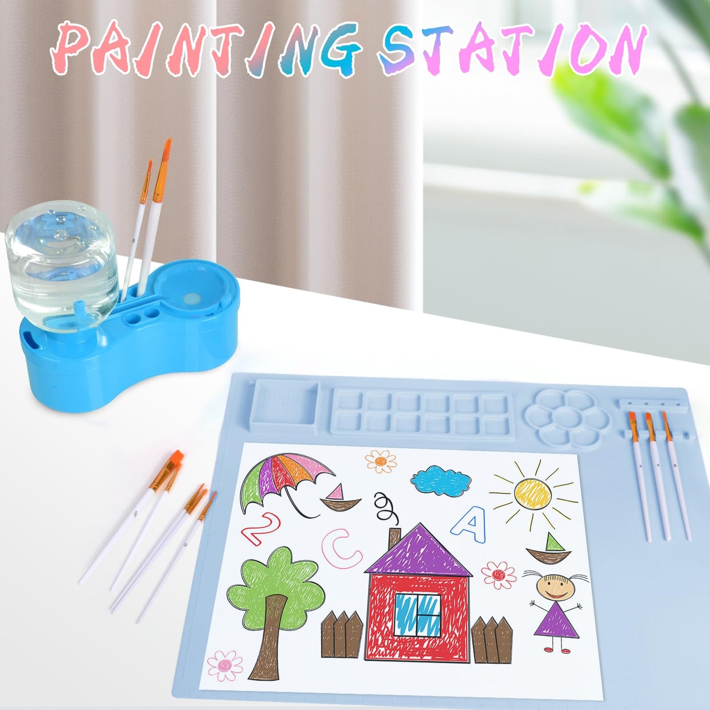 Painting Station, Silicone Painting Mat and Paint Brush Cleaner, 20"X16" Silicone Art Mat with 10 Paint Brushes, Paint Brush Rinser, Art Painting Supplies Set (Blue)