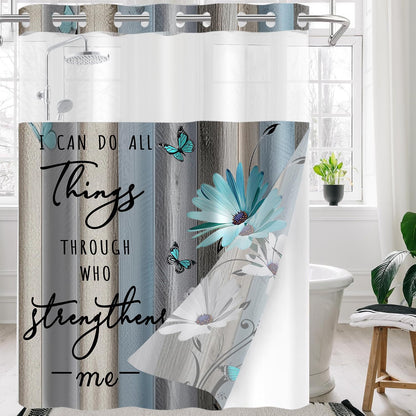 AZHM No Hooks Shower Curtain with Snap in Liner Rustic Teal Daisy Flower Inspirational Quotes Curtain for Bathroom Decor See Through Top Window Double Layers, 71x74 inches