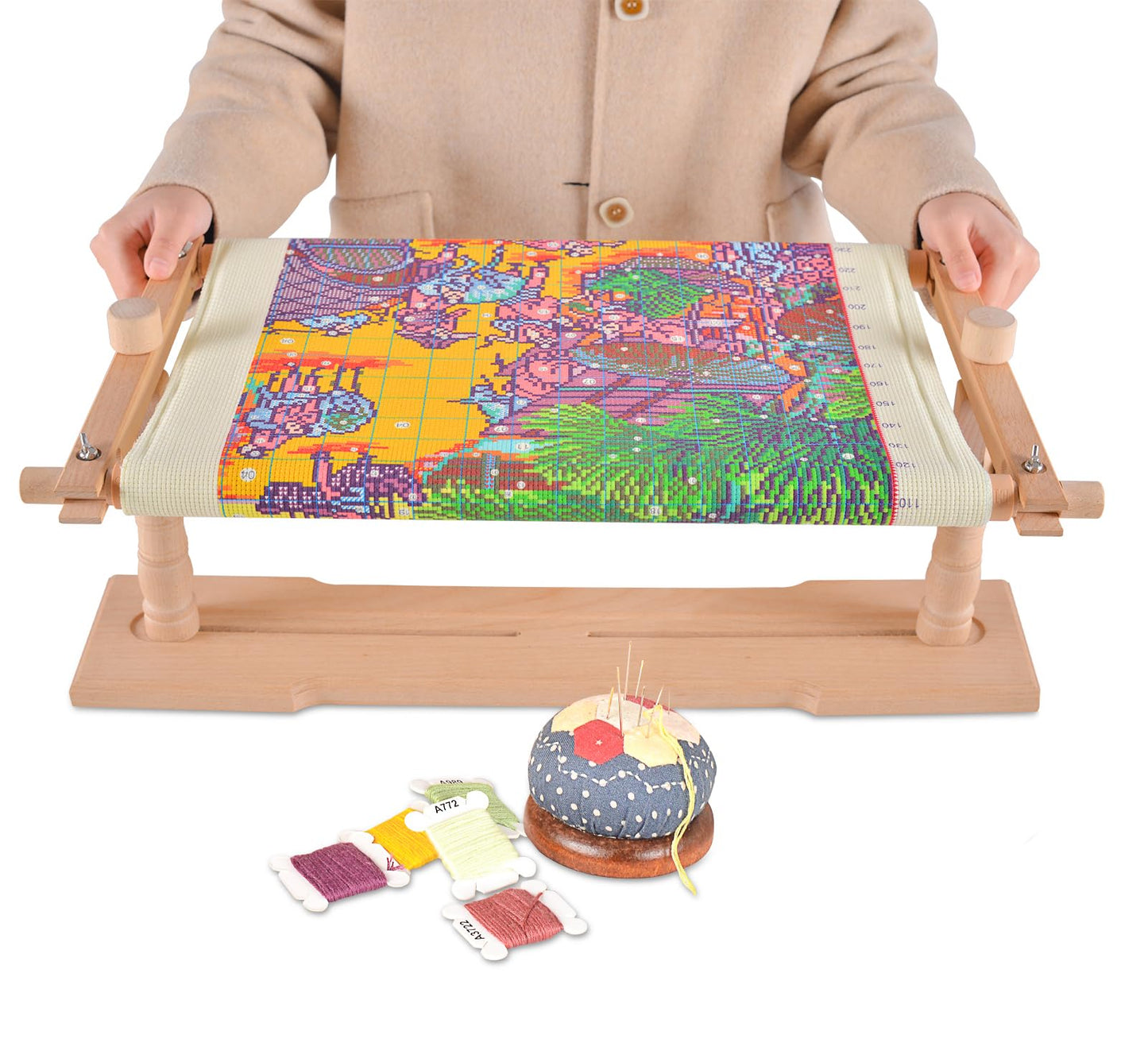Rotated Table Embroidery Frame Stand - Adjustable Cross Stitch Scroll Frame, Beech Wood Quilting Frame Needlepoint Holder Stretch Bar for Stitching Sewing Craft