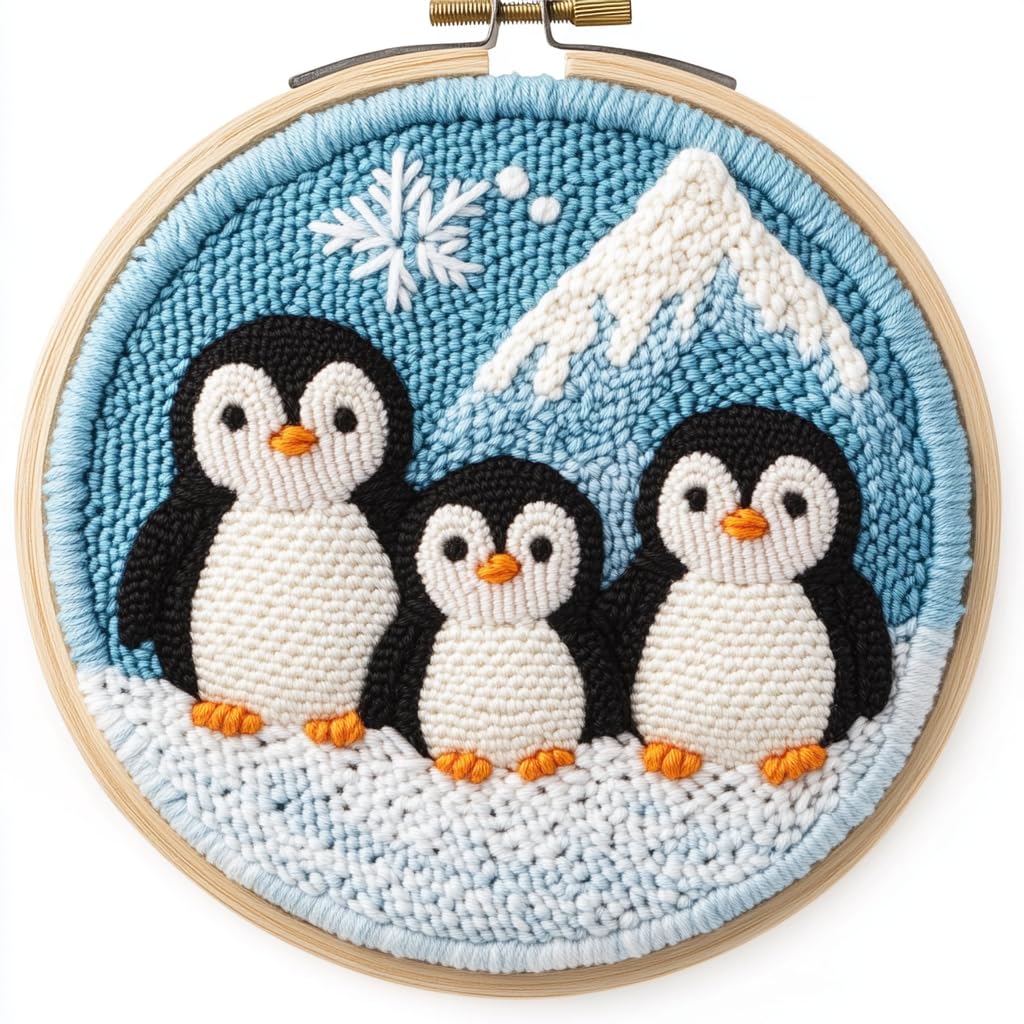 DIY Punch Needle Kits Cute Cartoon Penguins Family with Snow Mountain Embroidery Punch Needle Starter Craft with Hoop Easy for Beginners for Festival t and Decoration 20x20cm-3