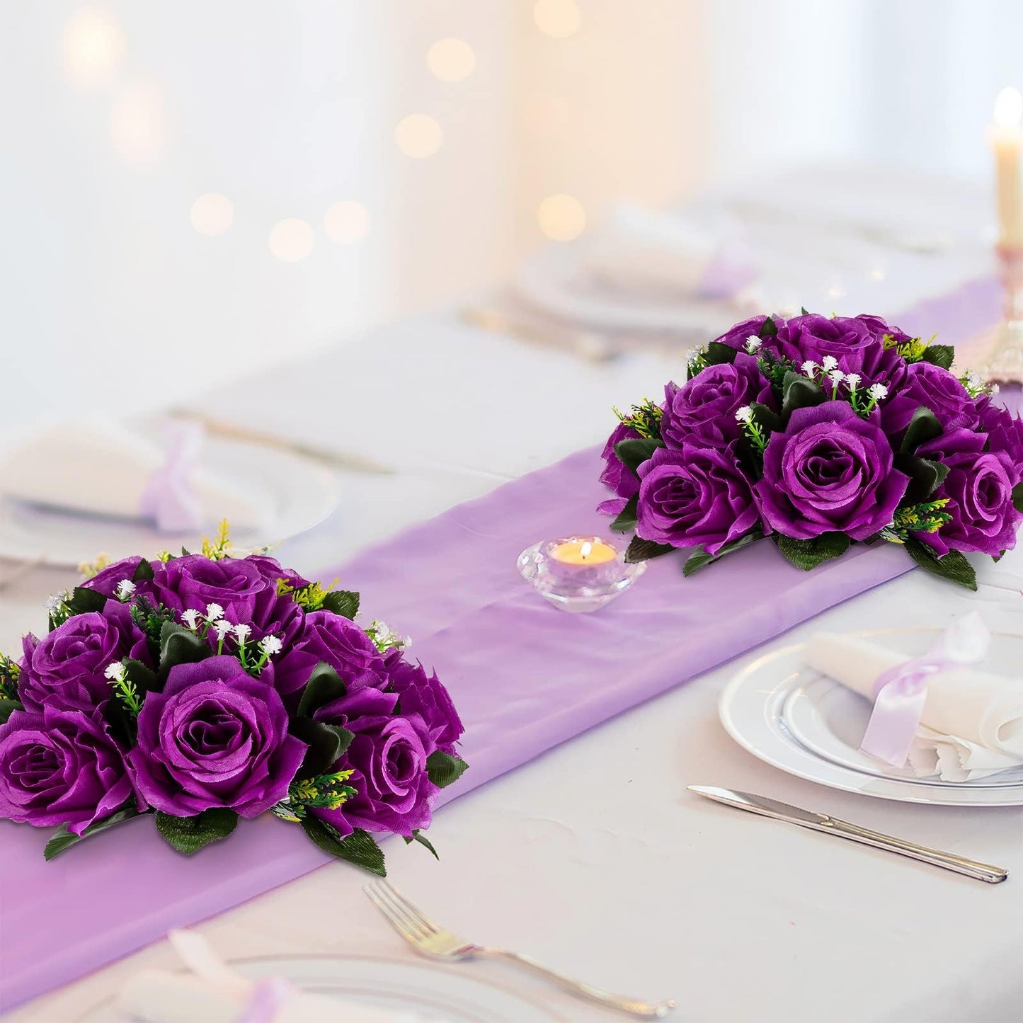 BLOSMON Flower Balls Wedding Rose Centerpieces: 2 Pcs Fake Flowers with Base White Kissing Balls Decor White Artificial Floral Arrangements Flower Bouquet of Roses Home Party Table DIY Decorations