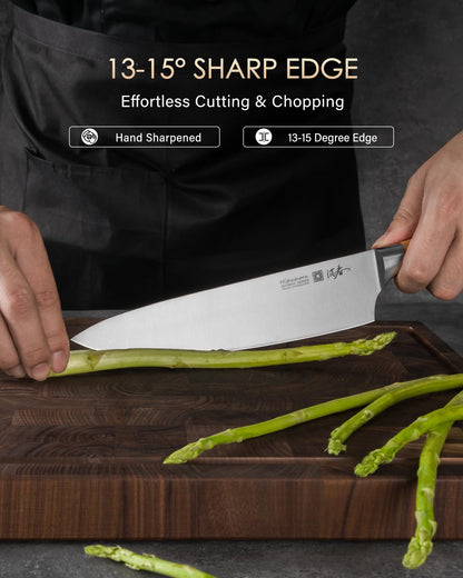 Mitsuharu 8 Inch Chef Knife, SHOMAN Series Meat Cutting Knife with Olive Wood Handle, German Steel Chef's Knife for Kitchen Cooking, Ultra Sharp Cutting Chopping Knife for Vegetable Fruit with Case