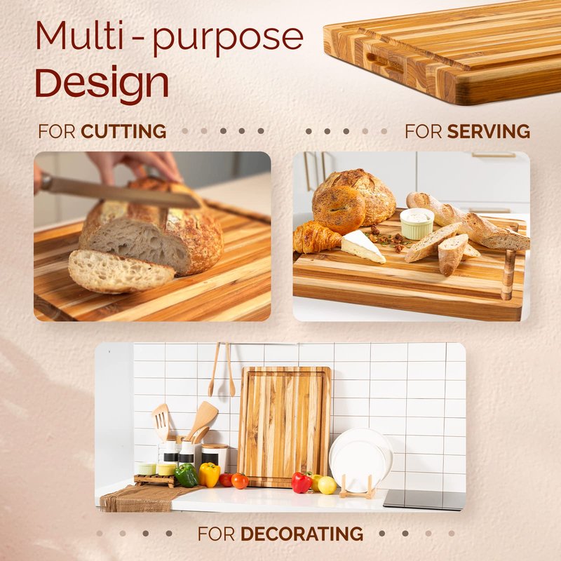 Yes4All Plus Large Edge Grain Teak Cutting Board for Kitchen, 24''L x 18''W x 1.5''Thick, Durable Wood with Juice Grooves, Pre-Oiled, Easy Grip Handles, Ideal for Chopping and Serving