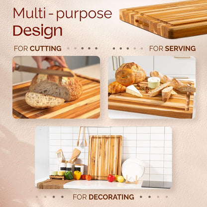 Yes4All Plus Large Edge Grain Teak Cutting Board for Kitchen, 24''L x 18''W x 1.5''Thick, Durable Wood with Juice Grooves, Pre-Oiled, Easy Grip Handles, Ideal for Chopping and Serving