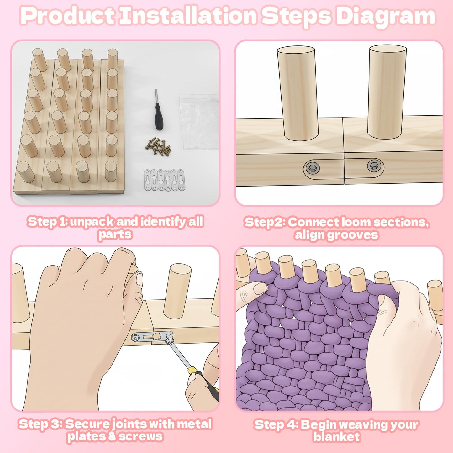 VITASHYNX 47" Chunky Blanket Loom Knitting Kit, Adjustable DIY Loom for Chunky Blanket, Customizable Wood Frame Knitting Machine for Blankets Bulky Yarn Crafts & Cozy Home Décor