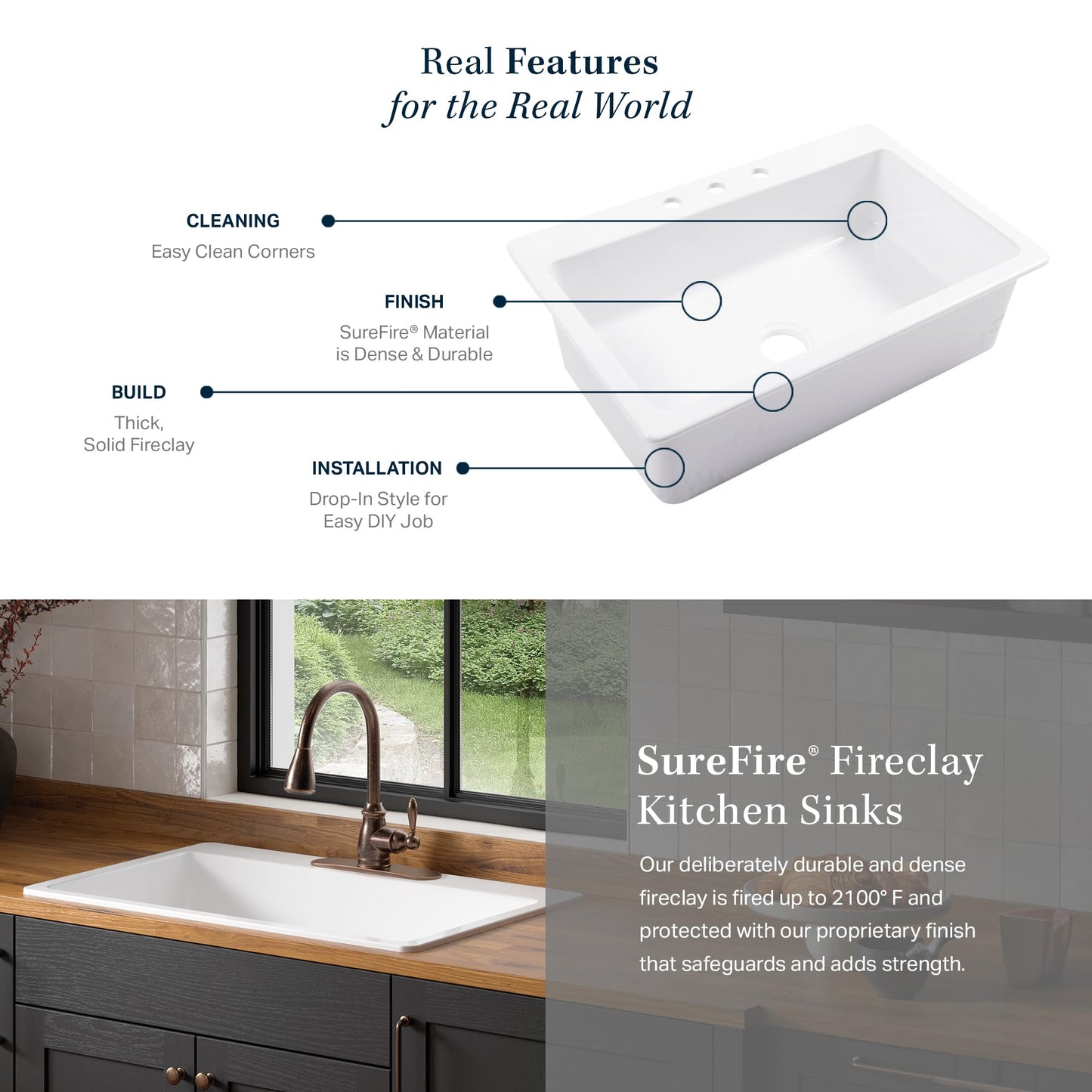 Sinkology Jackson Matte Black Fireclay Drop-In Kitchen Sink - 33 Inch Single Bowl - SureFire Fireclay Won't Chip, Crack, or Stain - 3-Hole - Sinkology Everyday Warranty - Fits 36 Inch Cabinet