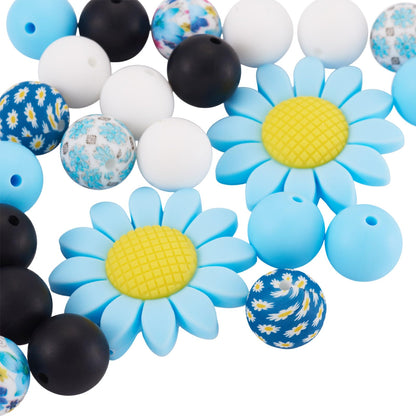 Bestewelry 23Pcs Spring Summer Theme Sunflower Silicone Focal Beads Turquoise Daisy Silicone Beads 15mm Round Rubber Bead for Pen Keychain Making Bracelet Necklace Making DIY Craft