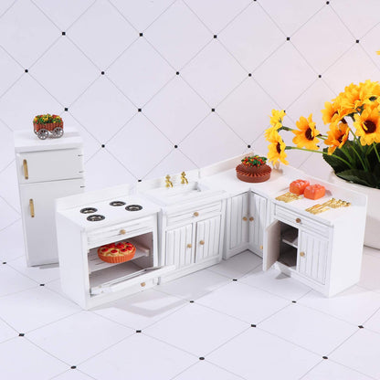 Dollhouse Kitchen Furniture Kit 1:12 Doll House Miniature Suite Wooden Kitchen Cabinet Fridge Set Dining Room for Miniature Dollhouse Furniture Scenes Accessories