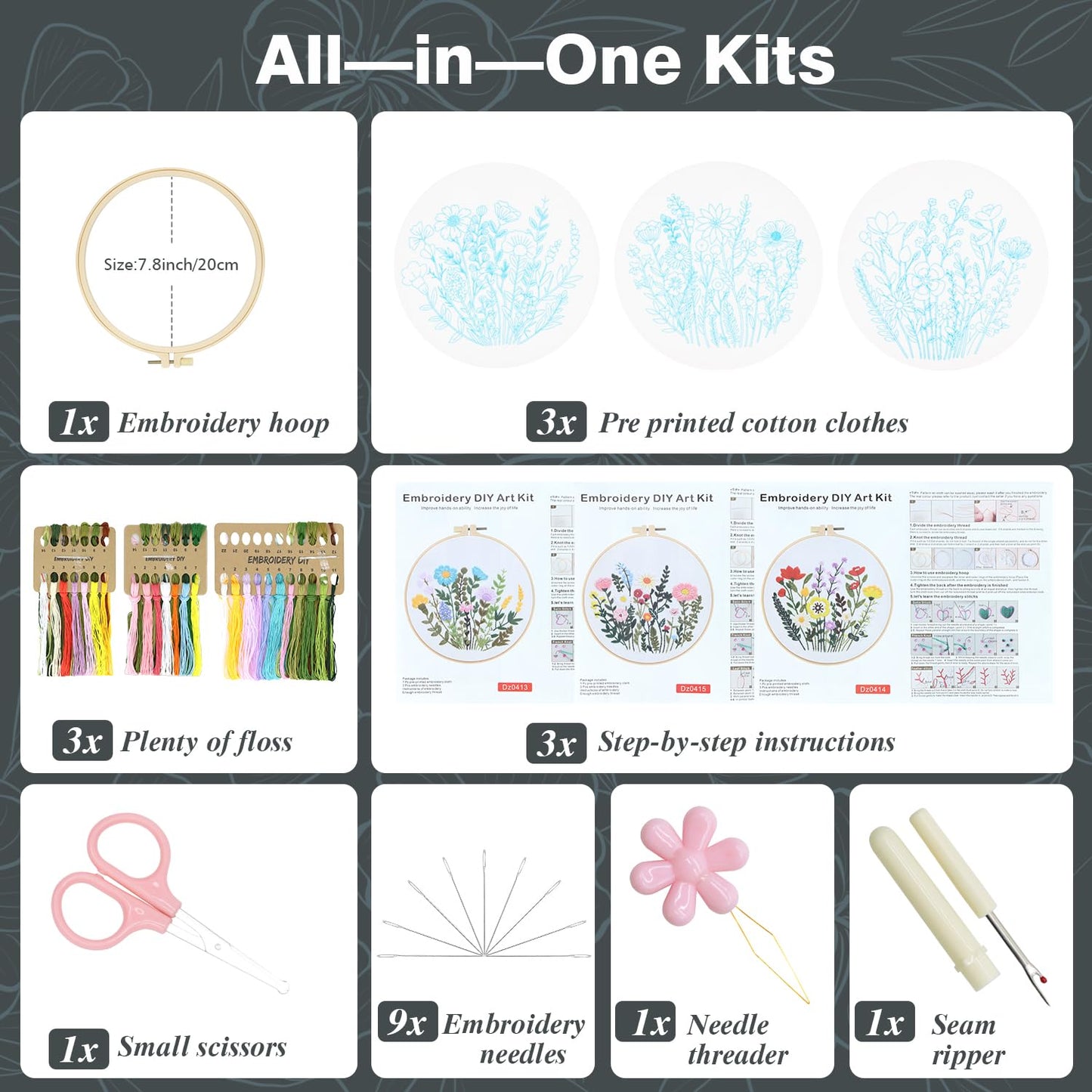 RIHYTFU 3 Pack Flower Embroidery Kits for Beginners, Adults Starter Cross Stitch Kit, DIY Sewing Needlepoint, Floral Plants Patterns Hand Stamped Embroidery Kits