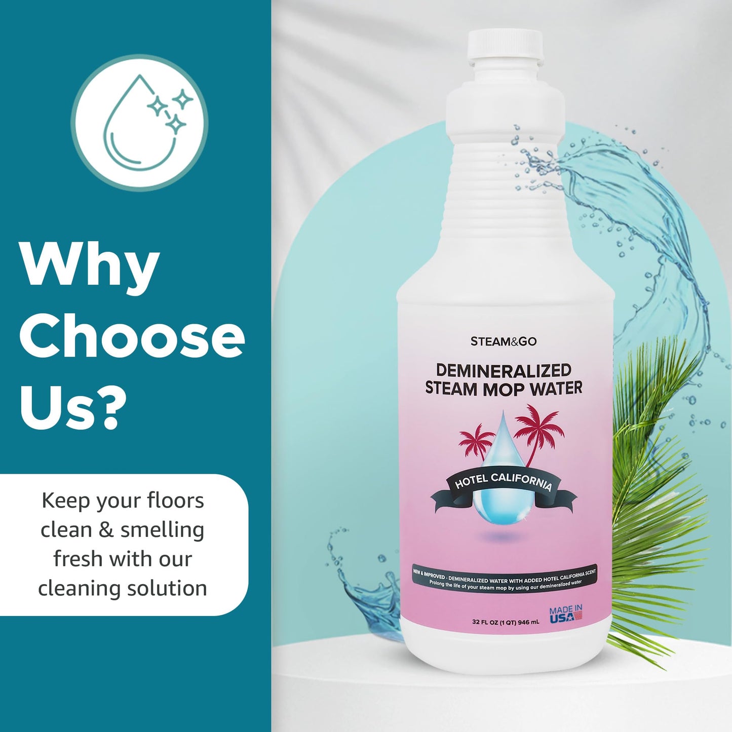 Steam & Go Demineralized Water for Steam Mop – Hotel California Scent, 32 Ounces (Pack of 1) | Scented Floor Cleaner Solution, Ready-to-Use, Compatible with Any Steam Cleaner