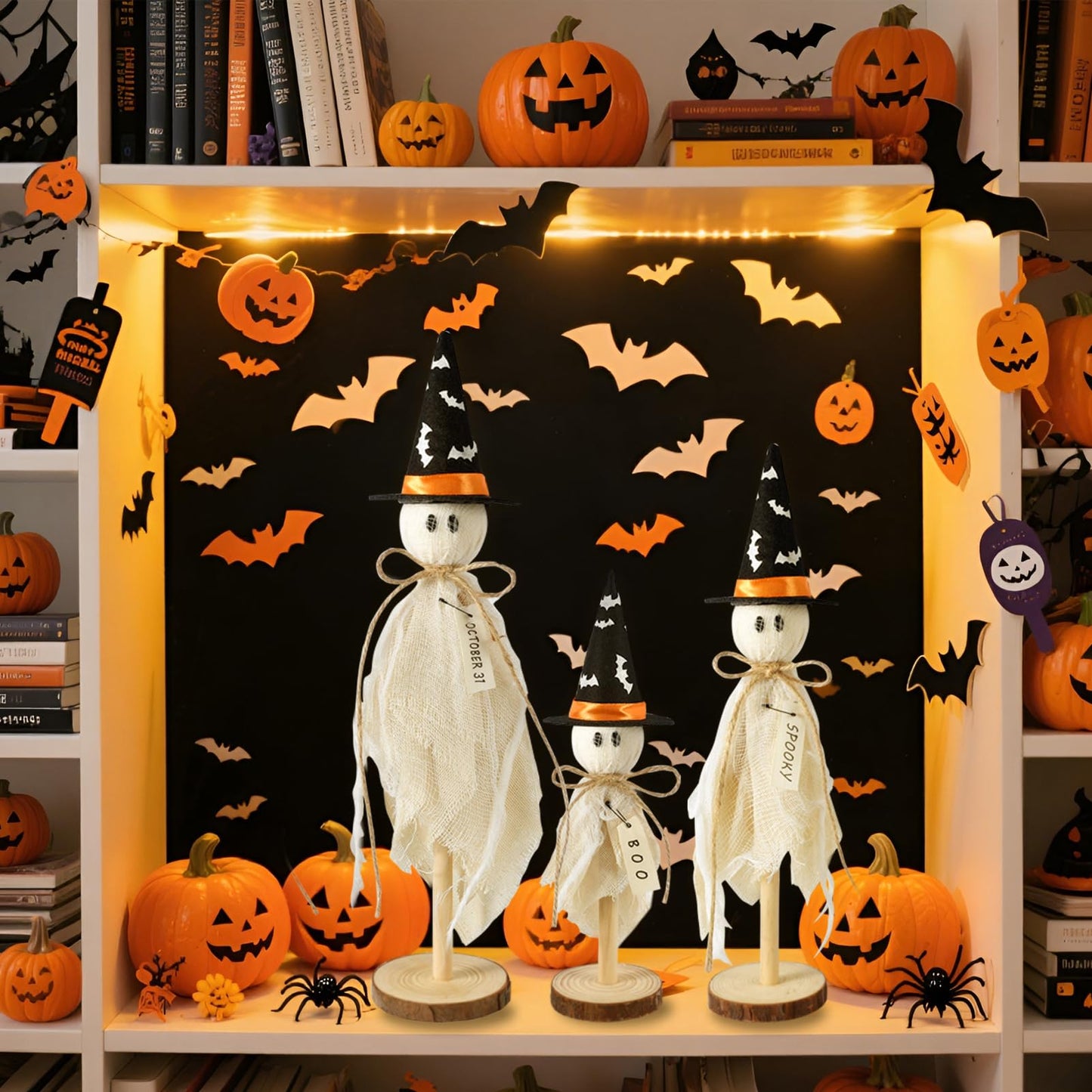 Yanleen Halloween Decorations Indoor, Set of 3 Primitive Halloween Ghosts with Witch Hat Bat on Wooden Stand Spooky Halloween Table Decor Table Centerpieces, Tiered Tray Decor, Shelves Mantels