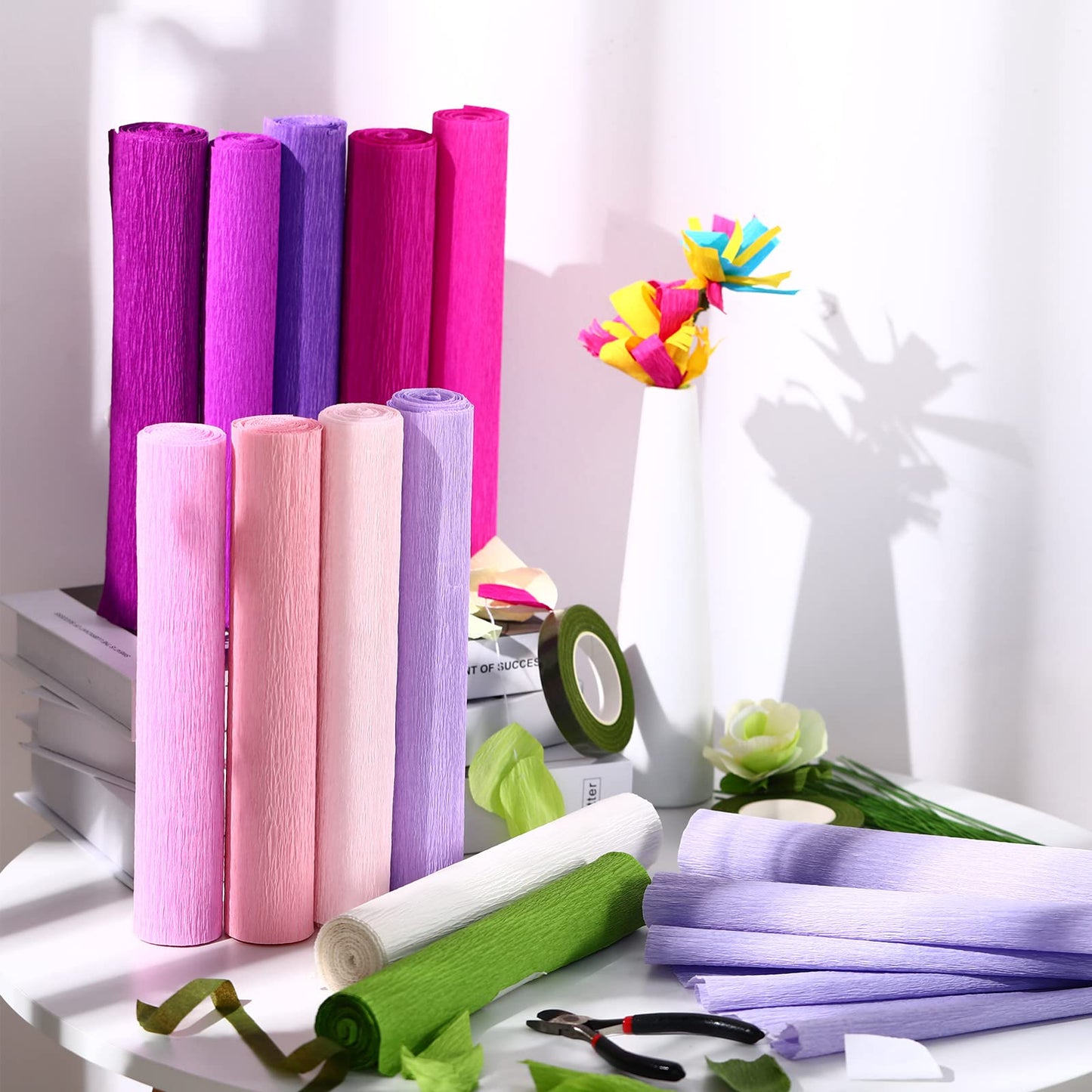 Leinuosen 115 Pcs Crepe Paper Flower DIY Kits 12 Rolls 10 x 98 Inch Crepe Paper Rolls Sheets 100 Floral Iron Wire 1 Wire Cutter 2 Tapes for Birthday Party Wedding Wreath Flower Making(Elegant Colors)